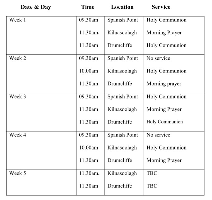 Service Schedule for Drumcliffe Union